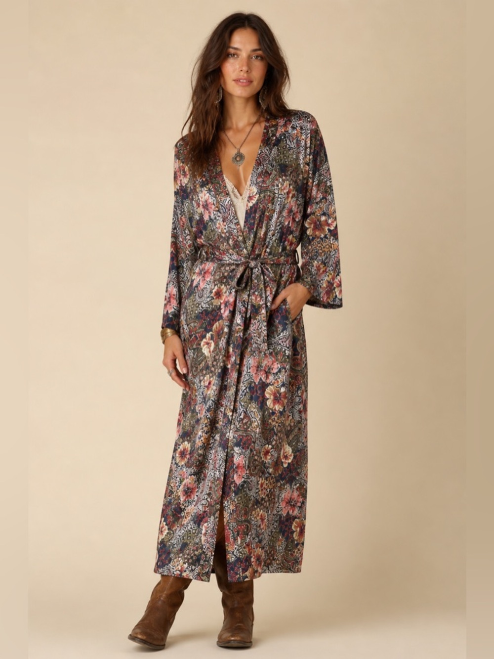 Vintage Boho Satin Floral Paisley Duster Robe Kimono Maximalist Romantic Belted